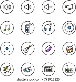 line vector icon set - volume max vector, medium, off, loudspeaker, music, player, wireless headphones, cd, record button, guitar, tambourine, drum, xylophone, horn toy, piano, radio