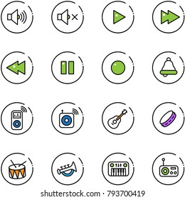 line vector icon set - volume max vector, off, play, fast forward, backward, pause, record, bell, music player, wireless speaker, guitar, tambourine, drum, horn toy, piano, radio