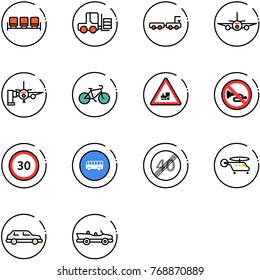 line vector icon set - waiting area vector, fork loader, baggage truck, plane, boarding passengers, bike, railway intersection road sign, no horn, speed limit 30, bus, end, helicopter, limousine
