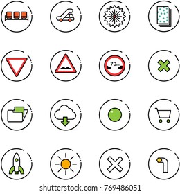 line vector icon set - waiting area vector, trap truck, firework, breads, giving way road sign, rough, limited distance, delete cross, folder, download cloud, record, cart, rocket, sun, allen key