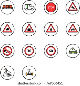 line vector icon set - waiting area vector, encashment car, stop road sign, multi lane traffic, tractor way, tunnel, railway intersection, for moto, no horn, speed limit 30, 60, electric, sail boat