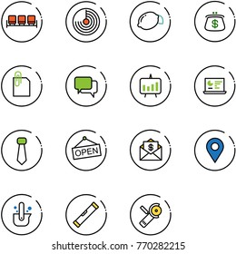 line vector icon set - waiting area vector, radar, lemon, purse, attachment, dialog, presentation chart, statistics monitor, tie, open, mail dollar, navigation pin, casting of steel, level