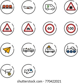 line vector icon set - waiting area vector, small plane, encashment car, tunnel road sign, railway intersection, for moto, speed limit 60, 100, paper fly, cabrio, baggage, moon rover, wheelbarrow