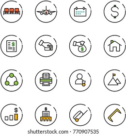 line vector icon set - waiting area vector, plane, schedule, dollar, account statement, card pay, encashment, home, social, printer, winner, mountain, chart, bank building, suitcase, staple