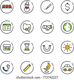 Line Vector Icon Set - Waiting Area Vector, Snowman, Scalpel, Dollar, Website, Shared Folder, Agreement, Globe, Store, Sand Clock, Luck, Sun, Phone, Ruler, Moon Lamp, Car