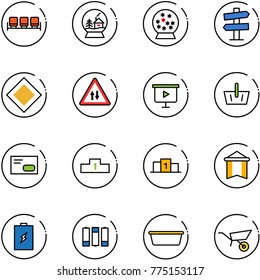 line vector icon set - waiting area vector, snowball house, road signpost sign, main, oncoming traffic, presentation board, basket, envelope, pedestal, pennant, battery, basin, wheelbarrow