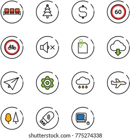 line vector icon set - waiting area vector, christmas tree, dollar sign, speed limit 60 road, no bike, volume off, attachment, download cloud, paper plane, gear, rain, forest, usb wi fi
