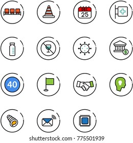 line vector icon set - waiting area vector, road cone, 25 dec calendar, first aid room, vial, no alcohol sign, virus, account, minimal speed limit, flag, agreement, head bulb, shell, wireless mail