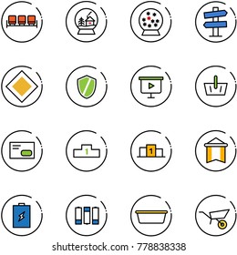 line vector icon set - waiting area vector, snowball house, road signpost sign, main, shield, presentation board, basket, envelope, pedestal, pennant, battery, basin, wheelbarrow