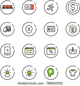 line vector icon set - waiting area vector, ticket, run, dollar coin, safe, finance calendar, money back, mobile payment, website, cursor browser, basket, idea, bulb, head, t shirt