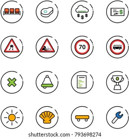 line vector icon set - waiting area vector, meat, money rain, check, slippery road sign, gravel, speed limit 70, no bus, delete cross, bell, document, cup, sun, shell, skateboard, wrench