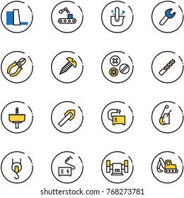 line vector icon set - water power plant vector, conveyor, casting of steel, wrench, side cutters, screw, rivet, drill, crown, tile, machine tool, winch, welding, sharpening, excavator toy