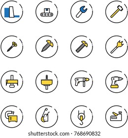 line vector icon set - water power plant vector, conveyor, wrench, sledgehammer, screw, wood drill, milling cutter, crown, machine, tool, winch, stapler