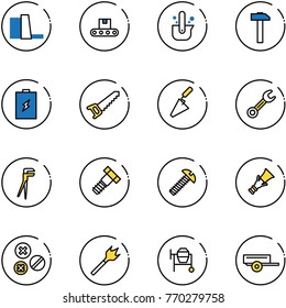 line vector icon set - water power plant vector, conveyor, casting of steel, hammer, battery, saw, trowel, wrench, plumber, bolt, screw, dowel, rivet, wood drill, cocncrete mixer, trailer