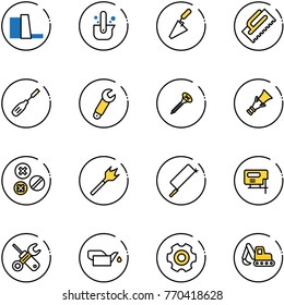 line vector icon set - water power plant vector, casting of steel, trowel, chisel, wrench, screw, dowel, rivet, wood drill, metal hacksaw, jig saw, screwdriver, oiler, gear, excavator toy