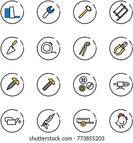 line vector icon set - water power plant vector, wrench, sledgehammer, bucksaw, trowel, measuring tape, plumber, side cutters, screw, rivet, pipe welding, oiler, gun sealant, trailer, chicken toy