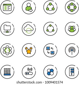 line vector icon set - website vector, user login, social, friends, network folder, refresh cloud, community, group, gear globe, stars, data exchange, antenna, binary code, wi fi router, atom core