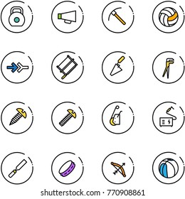 line vector icon set - weight vector, loudspeaker, rock axe, volleyball, connect, bucksaw, trowel, plumber, screw, winch, welding, rasp, tambourine, bow, basketball