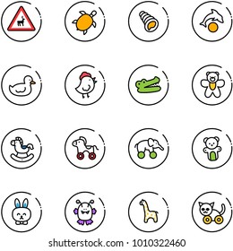 line vector icon set - wild animals vector road sign, sea turtle, shell, dolphin, duck toy, chicken, crocodile, bear, rocking horse, wheel, elephant, rabbit, monster, giraffe, cat
