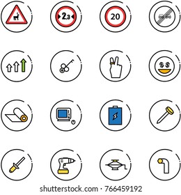 line vector icon set - wild animals vector road sign, limited width, speed limit 20, end overtake, arrows up, key, victory, money smile, mat, monoblock pc, battery, nail, clinch, drill, jack, allen