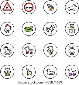 line vector icon set - wild animals vector road sign, no cart horse, shell, duck toy, chicken, crocodile, dinosaur, bear, rocking, wheel, rabbit, giraffe