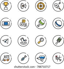 line vector icon set - win cup vector, solution, target, badminton, game console, abc cube, beanbag, ball, paper plane, rocking horse, toy train, dart, water gun, Tic tac toe