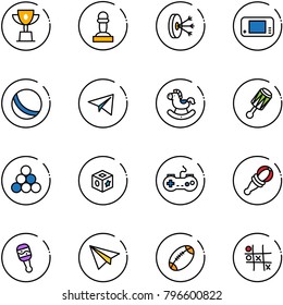 line vector icon set - win cup vector, pawn, solution, game console, ball, paper plane, rocking horse, beanbag, billiards balls, cube toy, gamepad, football, Tic tac toe