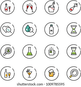 line vector icon set - wine vector, glasses, champagne, heart diagnosis, blood test, milk, sand clock, head hunter, flask, green tea, drink, beer, magnifier