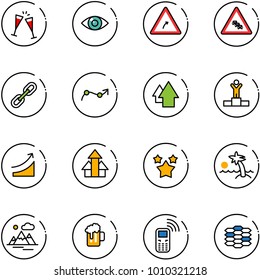 line vector icon set - wine glasses vector, eye, turn right road sign, multi lane traffic, link, chart point arrow, up, winner, rise, arrows, stars, palm, mountains, beer, mobile phone, carbon