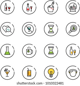 line vector icon set - wine vector, champagne, snowball house, heart diagnosis, no alcohol sign, sand clock, head hunter, flask, green tea, drink, bulb, protect glass