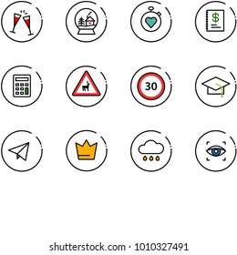 line vector icon set - wine glasses vector, snowball house, stopwatch heart, annual report, calculator, wild animals road sign, speed limit 30, graduate hat, paper fly, crown, rain cloud