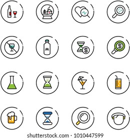 line vector icon set - wine vector, snowball house, heart diagnosis, bacteria, no alcohol sign, milk, account history, search money, flask, sand clock, drink, beer, magnifier, protect glass