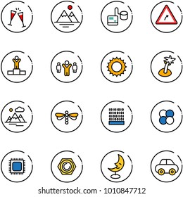 line vector icon set - wine glasses vector, mountains, tonometer, turn right road sign, winner, team leader, sun, palm, dragonfly, binary code, atom core, cpu, nut, moon lamp, car