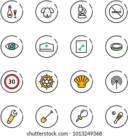 Line Vector Icon Set - Wine Vector, Dog, Lab, No Smoking Sign, Eye, Doctor Hat, X Ray, Coin, Speed Limit 30 Road, Hand Wheel, Shell, Antenna, Wrench, Shovel, Oiler, Baseball Bat