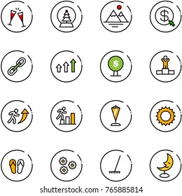 line vector icon set - wine glasses vector, snowball tree, mountains, money click, link, arrows up, winner, career, pennant, sun, flip flops, flower, rake, moon lamp