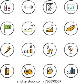 line vector icon set - wine vector, barbell, pull ups, statistics, ipo, growth, rise, gold, dollar chart, drink, coconut cocktail, beer