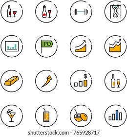 line vector icon set - wine vector, barbell, pull ups, statistics, ipo, rise, growth, gold, dollar chart, drink, coconut cocktail