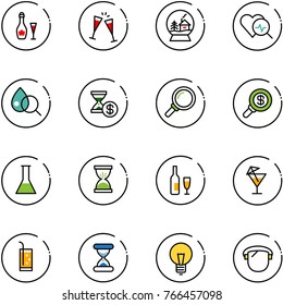 line vector icon set - wine vector, glasses, snowball house, heart diagnosis, blood test, account history, magnifier, search money, flask, sand clock, drink, bulb, protect glass