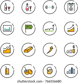 line vector icon set - wine vector, barbell, pull ups, statistics, ipo, growth, rise, gold, dollar chart, drink, coconut cocktail, beer