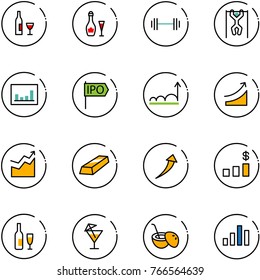 line vector icon set - wine vector, barbell, pull ups, statistics, ipo, growth, rise, gold, dollar chart, drink, coconut cocktail