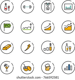 line vector icon set - wine vector, barbell, pull ups, statistics, ipo, growth, rise, gold, dollar chart, drink, coconut cocktail, beer