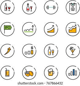 line vector icon set - wine vector, barbell, pull ups, ipo, growth, rise, dollar chart, drink, coconut cocktail, beer
