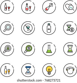 line vector icon set - wine vector, champagne, heart diagnosis, bacteria, no alcohol sign, milk, account history, head hunter, search money, flask, sand clock, bulb, protect glass