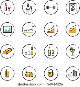 line vector icon set - wine vector, barbell, pull ups, statistics, growth, rise, gold, dollar chart, drink, coconut cocktail, beer