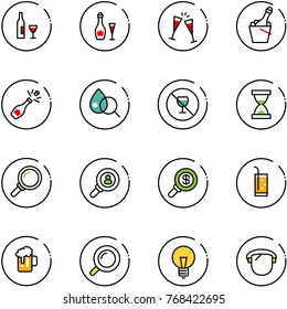 line vector icon set - wine vector, glasses, champagne, blood test, no alcohol sign, sand clock, magnifier, head hunter, search money, drink, beer, bulb, protect glass
