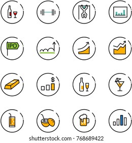 line vector icon set - wine vector, barbell, pull ups, statistics, ipo, growth, rise, gold, dollar chart, drink, coconut cocktail, beer