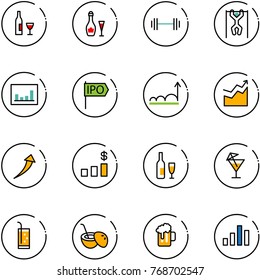 line vector icon set - wine vector, barbell, pull ups, statistics, ipo, growth, dollar chart, drink, coconut cocktail, beer