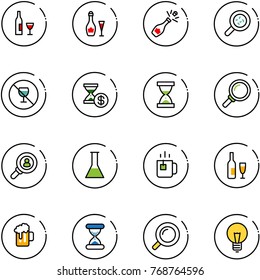 line vector icon set - wine vector, champagne, bacteria, no alcohol sign, account history, sand clock, magnifier, head hunter, flask, green tea, beer, bulb