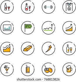 line vector icon set - wine vector, barbell, pull ups, statistics, ipo, growth, rise, gold, drink, coconut cocktail, beer