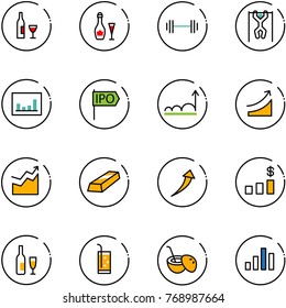 line vector icon set - wine vector, barbell, pull ups, statistics, ipo, growth, rise, gold, dollar chart, drink, coconut cocktail